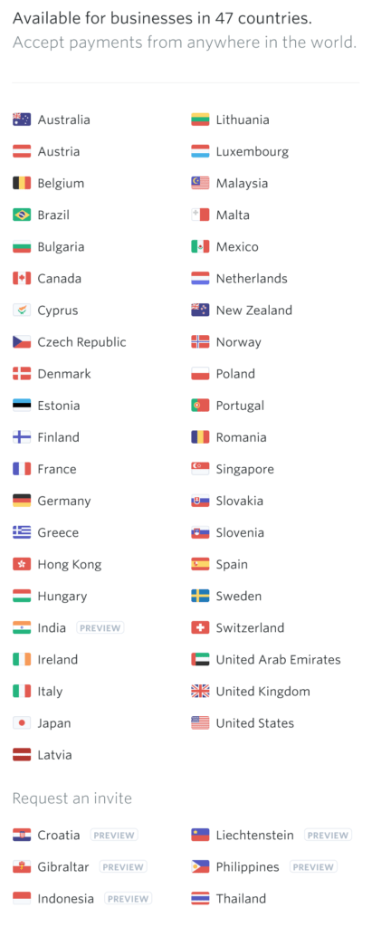 Stripe is available in 47 countries