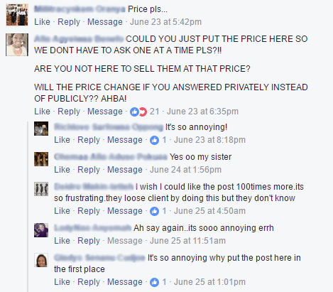 Customers on Facebook complaining about the lack of pricing information